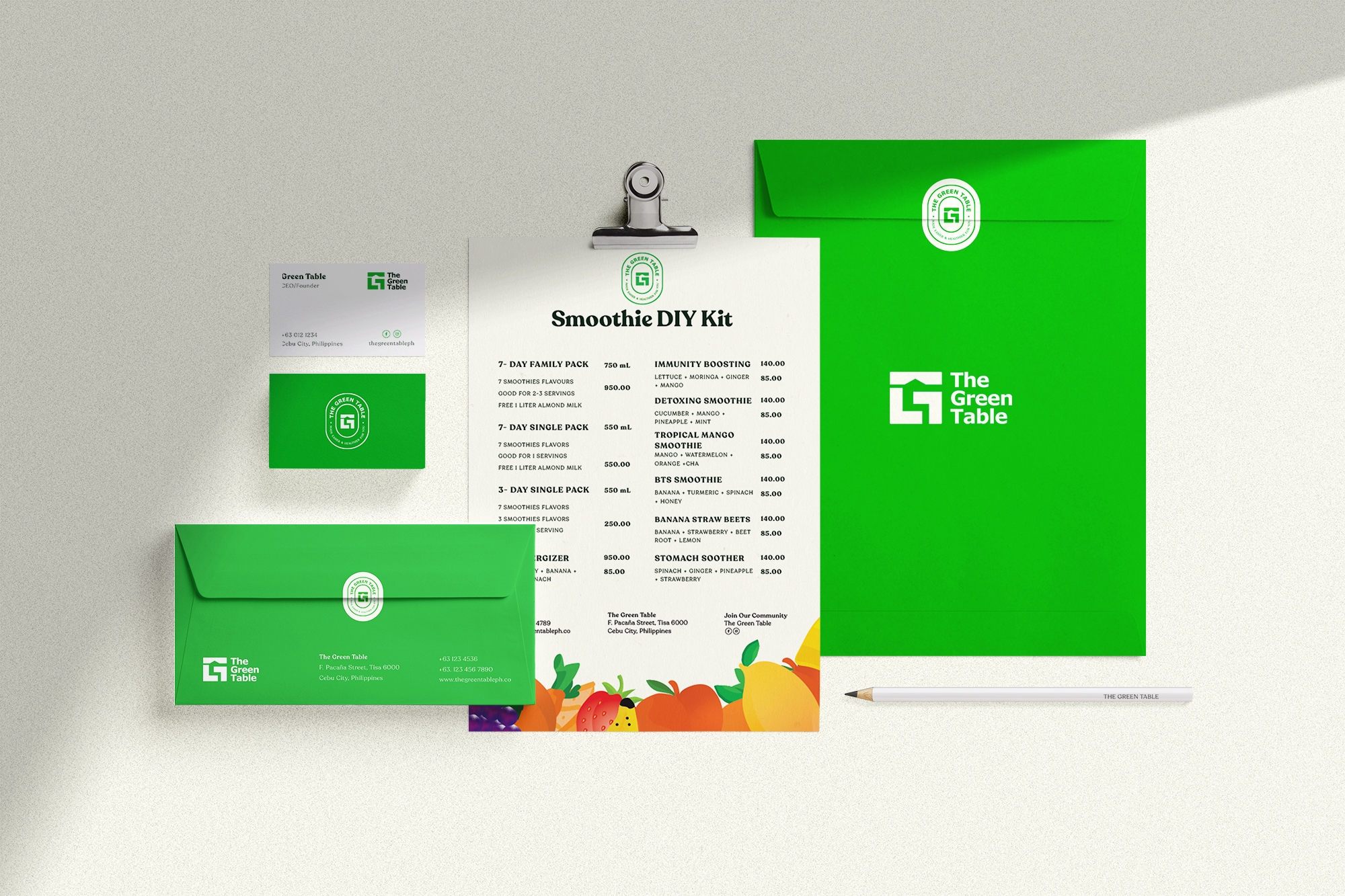 The Green Table Ph - Stationary Paperworks and Menu - Tribox design
